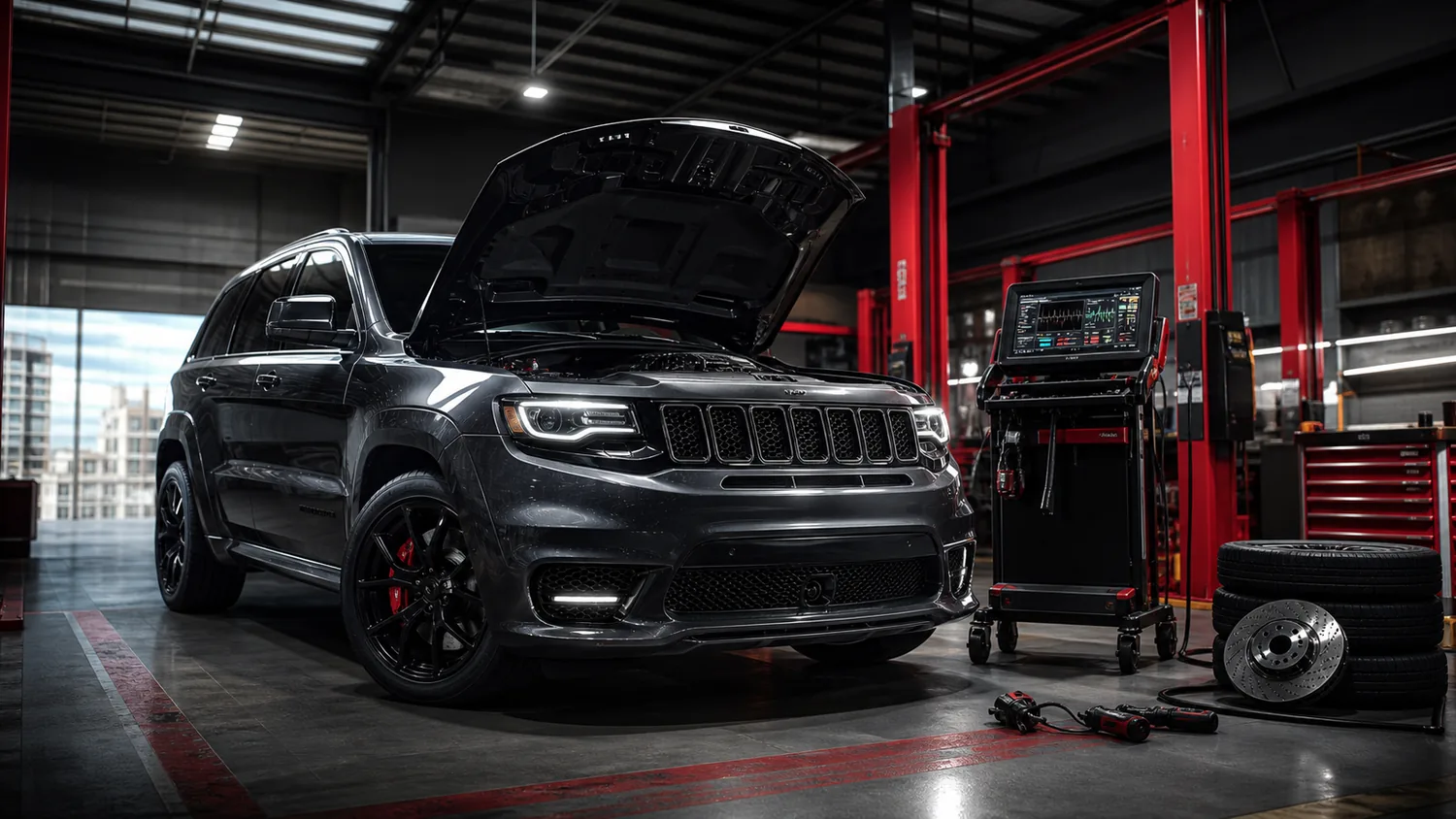 Jeep en taller especializado durante revisión de diagnóstico